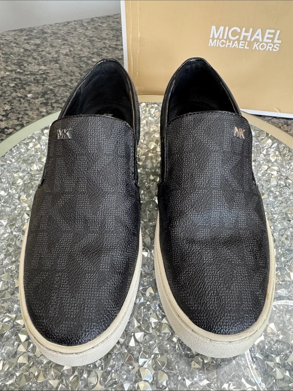 Michael Kors Black Logo-Print Slip-On Flats with White Sole